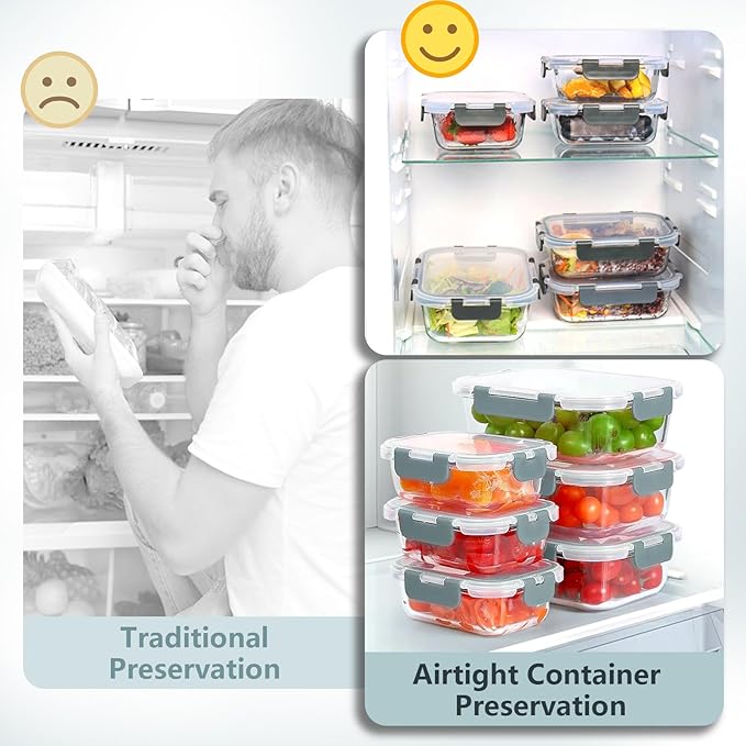 12 Pack Glass Food Storage Container Set with Lids Non Toxic, Stackable Borosilicate Glass Meal Prep Containers, Microwave, Oven, Freezer and Dishwasher Safe (Gray) - Image 5
