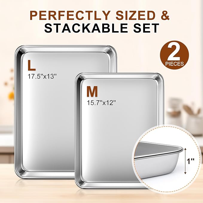 Baking Sheet Set of 2, Commercial Grade Stainless Steel Cookie Sheets for Baking, 17.5''x13'' / 15.7''x12'', Thicker and Firmer Baking Pans Set, Rust & Warp Resistant & Nonstick, Nontoxic & Heavy Duty - Image 2
