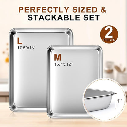 Baking Sheet Set of 2, Commercial Grade Stainless Steel Cookie Sheets for Baking, 17.5''x13'' / 15.7''x12'', Thicker and Firmer Baking Pans Set, Rust & Warp Resistant & Nonstick, Nontoxic & Heavy Duty - Image 2