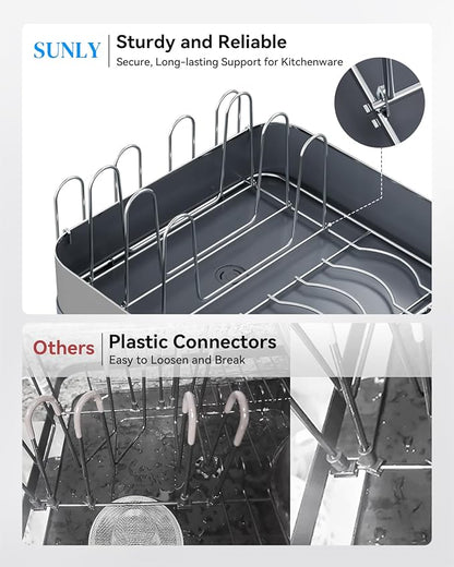 SUNLY Expandable Dish Drying Rack, Versatile Brackets for Pots & Pans, Space Saving Kitchen Drying Rack, Dish Racks for Kitchen Counter, Stainless Steel Dish Drainers with Extendable Spout, Gray