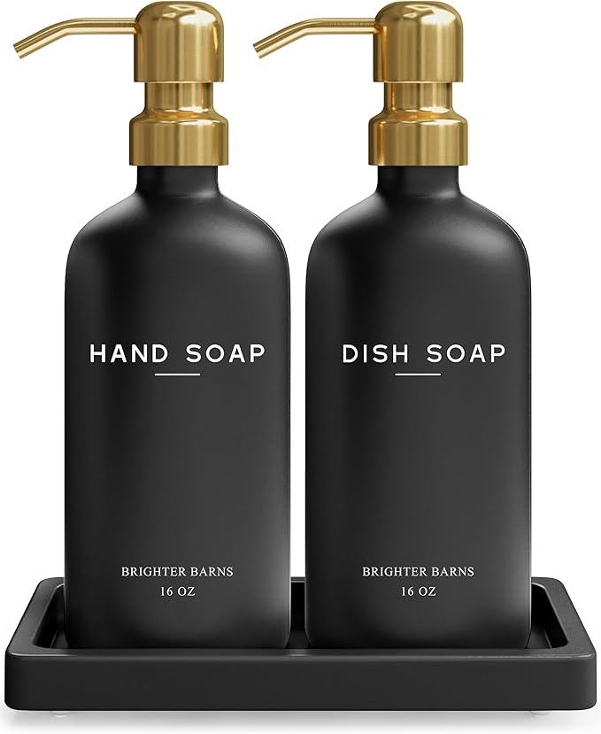 Luxury Glass Hand and Dish Soap Dispenser Set by Brighter Barns - Black and Gold Soap Dispenser Set for Kitchen Sink - Modern Kitchen Decor and Accessories for Restaurant, Airbnb, Gift (Black/Gold) by BrighterBarns