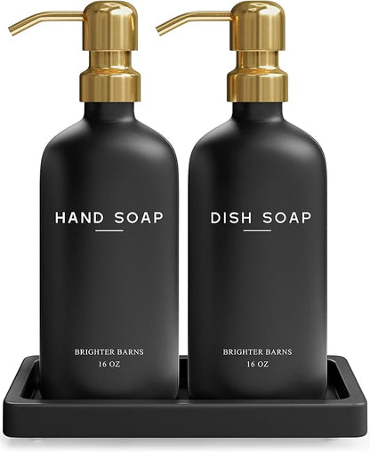 Luxury Glass Hand and Dish Soap Dispenser Set by Brighter Barns - Black and Gold Soap Dispenser Set for Kitchen Sink - Modern Kitchen Decor and Accessories for Restaurant, Airbnb, Gift (Black/Gold) by BrighterBarns