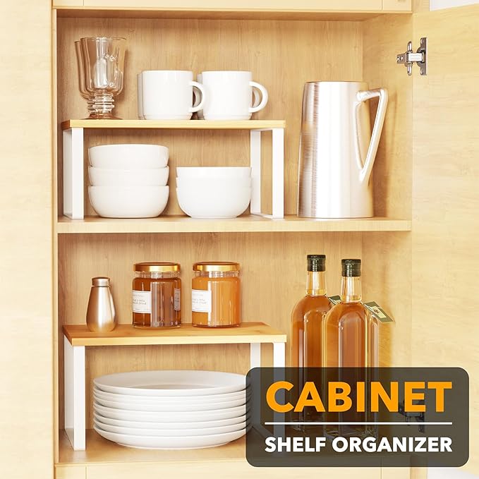 SpaceAid Cabinet Shelf Organizers 2 Pack, Kitchen Counter Rack Shelves Riser, Stackable Expandable Spice Rack, Pantry Cupboard Storage Organization (White and Natural, Short) - Image 3
