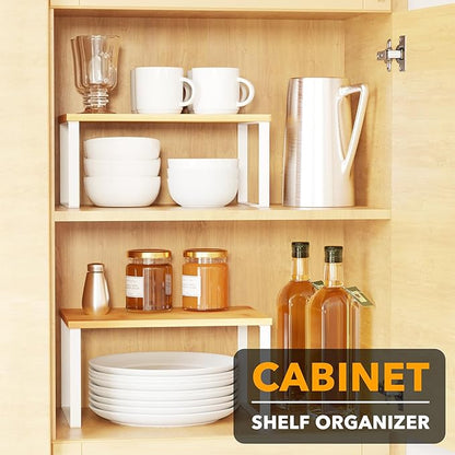 SpaceAid Cabinet Shelf Organizers 2 Pack, Kitchen Counter Rack Shelves Riser, Stackable Expandable Spice Rack, Pantry Cupboard Storage Organization (White and Natural, Short) - Image 3