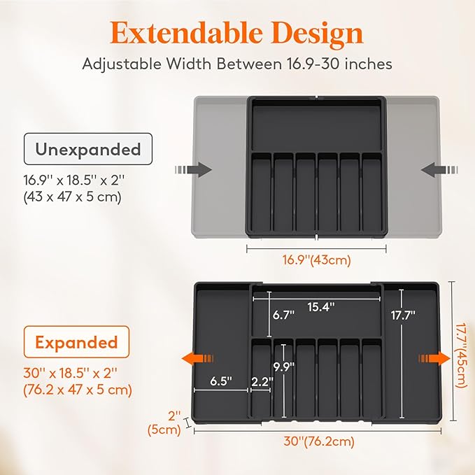 Lifewit Silverware Drawer Organizer, Expandable Utensil Tray for Kitchen, BPA Free Flatware and Cutlery Holder, Adjustable Plastic Storage for Spoons Forks Knives, 17- 30 x 18.5", Black - Image 4