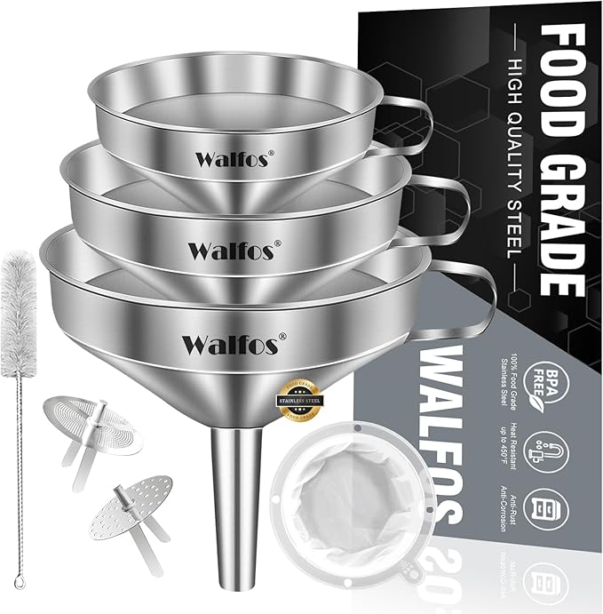 Walfos 3Pcs Kitchen Funnel with 2 Removable Strainer ＆ 1 Cleaning Brush & 1Pc 200 Mesh Food Filter Strainer, Food Grade Stainless Steel Funnel for Transferring of Liquid, Oils, Jam, Dry Ingredients by Walfos