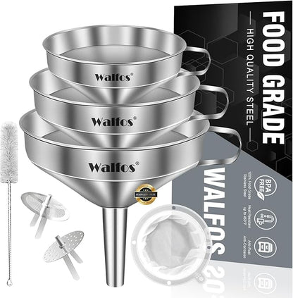 Walfos 3Pcs Kitchen Funnel with 2 Removable Strainer ＆ 1 Cleaning Brush & 1Pc 200 Mesh Food Filter Strainer, Food Grade Stainless Steel Funnel for Transferring of Liquid, Oils, Jam, Dry Ingredients by Walfos