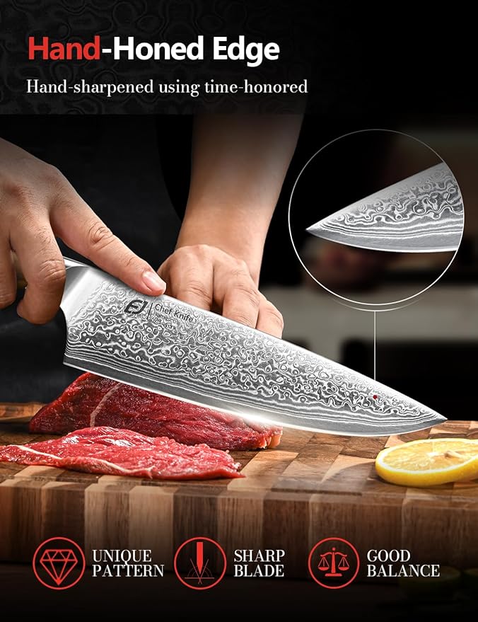 Emojoy Damascus Kitchen Knife Set, 3 PCS Japanese Chef Knife Set, 67-Layers Damascus Knife with Original Olive Wood Handle, Include Wooden Gift Box - Image 4