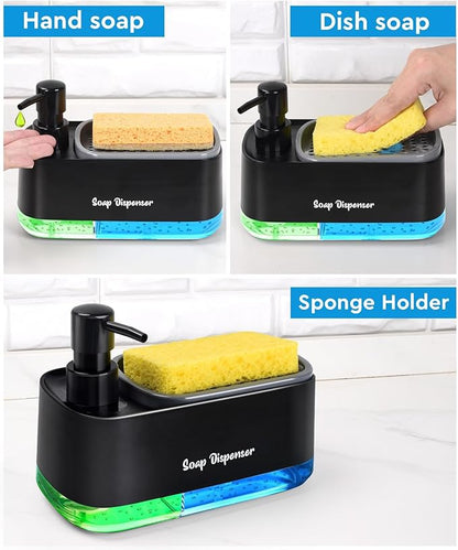 5-in-1 Kitchen Soap Dispenser Set with Sponge Holder - Dual Hand & Dish Soap Pump Dispenser for Sink Countertop with 2-Packs Natural Loofah Dish Sponge Dishwashing Scrubber,Black - Image 3