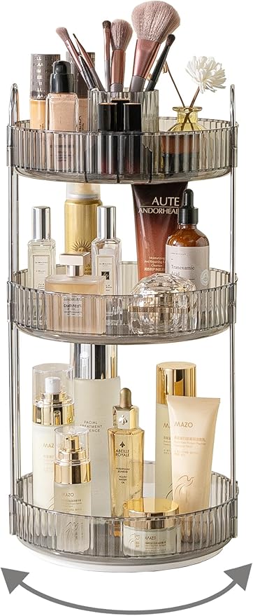 Asayuee 360 Rotating Makeup Organizer,3 Tier Large Capacity Make Up Organizers and Storage,Skincare Perfume Vanity Organizers,Bathroom Cosmetics Storage Organizer Countertop(Grey) by Asayuee