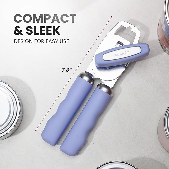 Zulay Kitchen Heavy Duty Stainless Steel Can Opener Manual with Bottle Opener - Rust Proof Manual Can Opener With Turn Knob & Comfy Soft Grip Handles - Periwinkle - Image 2
