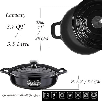 La Cuisine Enameled Cast Iron Braiser Sauté Pan Shallow Casserole with lid, 3.75 Quart 11" Dia. Matt Black Enamel Coating Interior, Glossy Black Exterior, Oven Safe, Induction Cooktop Compatible