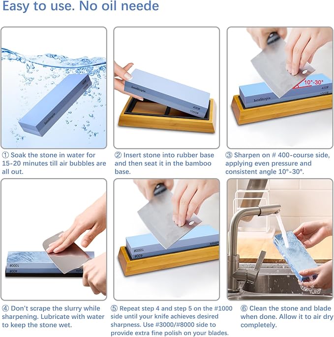 Intelitopia Complete Knife Sharpening Stone Set – Dual Grit Whetstone 400/1000 3000/8000 Knife Sharpener with Leather Strop, Flattening Stone, Bamboo Base, 3 Non-slip Rubber Bases & Angle Guide - Image 4