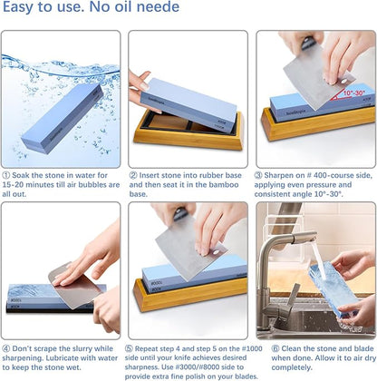 Intelitopia Complete Knife Sharpening Stone Set – Dual Grit Whetstone 400/1000 3000/8000 Knife Sharpener with Leather Strop, Flattening Stone, Bamboo Base, 3 Non-slip Rubber Bases & Angle Guide - Image 4