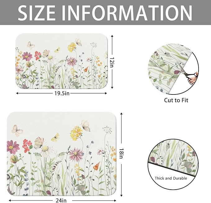 Dish Drying Mat for Kitchen Counter 2 Pack with Non-Slip Rubber Backing - Heat-Resistant Absorbent Coffee Bar Mat, Dish Rack Mat, Butterflies and Flowers Dish Drying Mats 18x24+19.5x12 inch