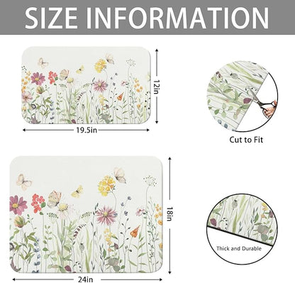 Dish Drying Mat for Kitchen Counter 2 Pack with Non-Slip Rubber Backing - Heat-Resistant Absorbent Coffee Bar Mat, Dish Rack Mat, Butterflies and Flowers Dish Drying Mats 18x24+19.5x12 inch