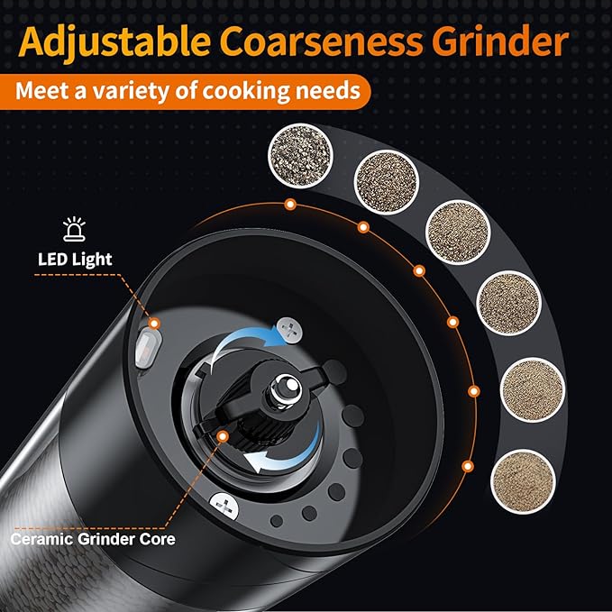 2Pack Electric Salt and Pepper Grinder Set USB Rechargeable with Warm LED Light, Adjustable Coarseness Lidaop Large Capacity Automatic Salt Pepper Mill Shakers for Kitchen, Restaurant, Outdoor, Black - Image 3