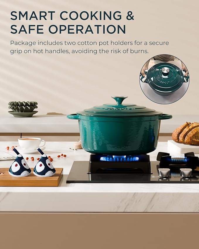 Enameled Cast Iron Dutch Oven - 4.5QT Pot with Lid & Cotton Potholders - Heavy-Duty Cookware for Braising, Stews, Roasting, Bread Baking, Oven Safe up to 500°F & Across All Stovetops, Bottle Green - Image 7