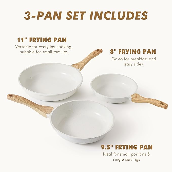 SENSARTE Nonstick Frying Pan Skillets, White Ceramic Coating Omelette Pans, Healthy Cookware Chef's Pan, PTFE & PFAS Free (8+9.5+11 Inch) - Image 3