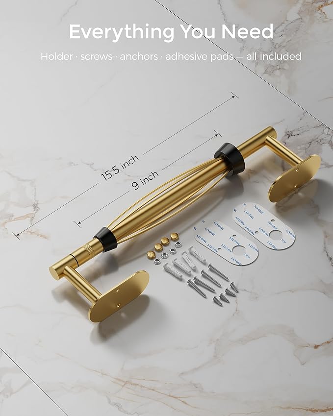 Gold Paper Towel Holder Under Cabinet, Self Adhesive or Wall Mount for Kitchen Bathroom, Stainless Steel Paper Towel Holders with Damping Effect, Single Hand Operable - Image 8