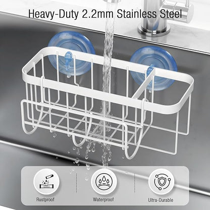 3-in-1 Kitchen Sink Caddy Organizer with Sponge Holder, Brush Holder, Extra Rack for Scrubber, Sink Stopper, Dish Cloth Hanger - Strong Dual Suction Cup, 2.0mm SUS304 Stainless Steel - White