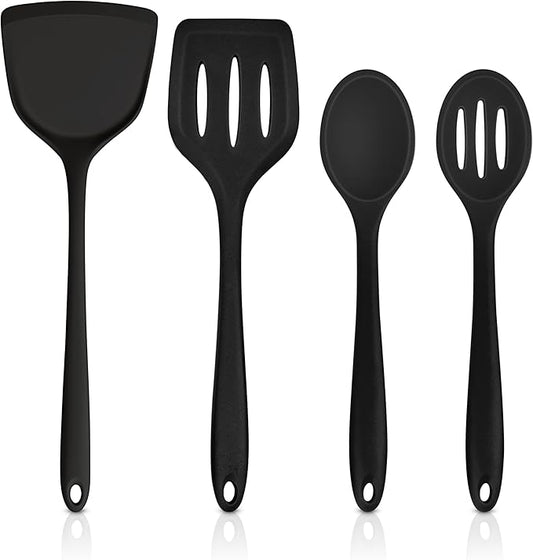 TeamFar Silicone Cooking Utensils, 4pcs Kitchen Utensils Set with Silicone Spatulas & Spoons, Heat-Resistant Solid & Slotted Cooking Spoons Turners for Non-stick Cookware, Dishwasher Safe, Black by TeamFar