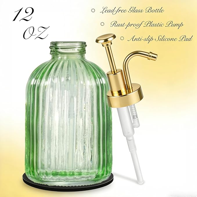 SheeChung Green Glass Soap Dispenser, 12 Oz Liquid Hand Soap Dispenser with Pump, Refillable Lotion Dish Soap Dispenser for Kitchen, Stripes Shampoo Bottle, Bathroom Countertop (Gold Pump, 1 Pack)