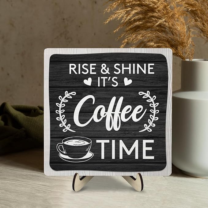 Coffee Bar Sign Plaque Decor,Coffee Bar Accessories,Rustic Wooden Tabletop Plaque with Stand, Minimalist Farmhouse Kitchen Counter Sign,Cute Mini Café Bar Decor Gift - Image 7