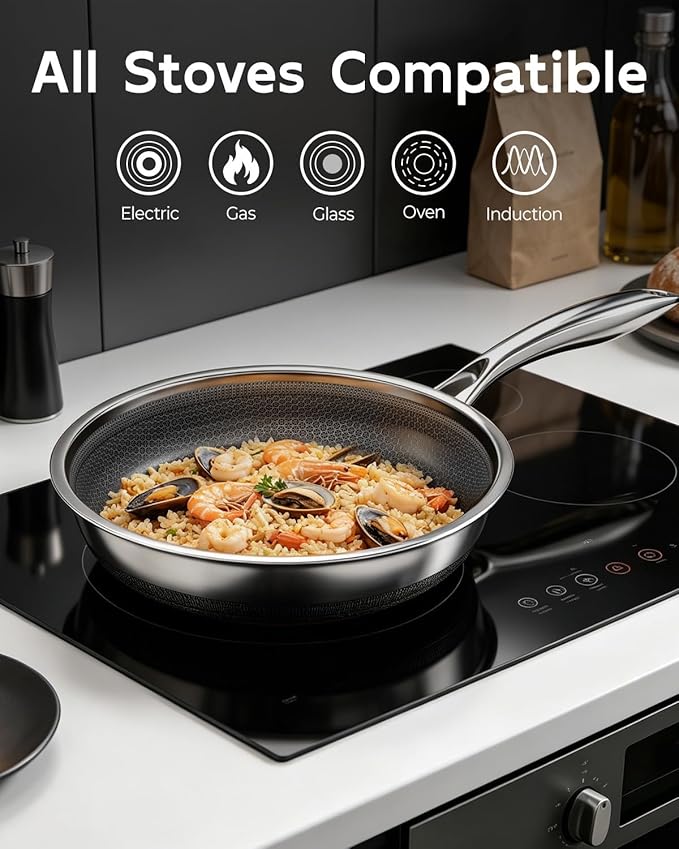 FogDream 12 Inch Nonstick Frying Pan with Lid, Honeycomb Hybrid Stainless Steel Skillet, Tri-Ply Induction Compatible, Non Toxic Frying Pan, Oven Safe, Dishwasher Safe, Silver - Image 7