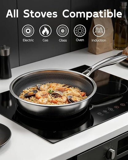 FogDream 12 Inch Nonstick Frying Pan with Lid, Honeycomb Hybrid Stainless Steel Skillet, Tri-Ply Induction Compatible, Non Toxic Frying Pan, Oven Safe, Dishwasher Safe, Silver - Image 7
