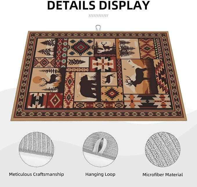 Western Wildlife Geometric Dish Drying Mat for Kitchen Counter, Absorbent Microfiber Washable Drying Pad for Dishes, Absorption, Foldable, Decorative Rustic Kitchen Mat for Sink, Home Decor, 18" x 24"