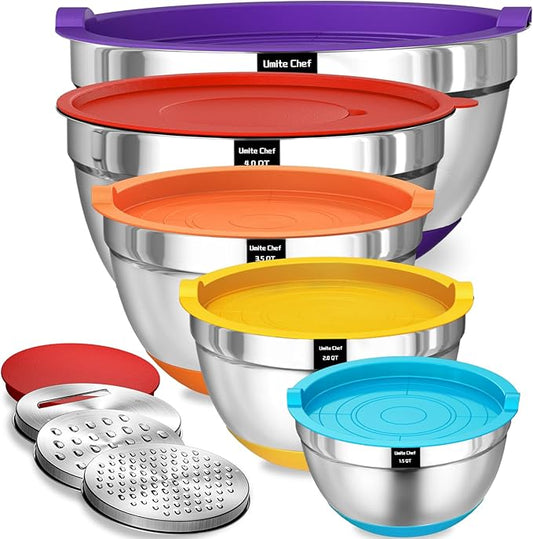 Umite Chef Mixing Bowls with Airtight Lids Set, 8PCS Stainless Steel Nesting Bowls Set, 3 Grater Attachments & Non-Slip Bottoms, Size 5, 4, 3.5, 2, 1.5QT for Baking & Mixing(Colorful) by UmiteChef
