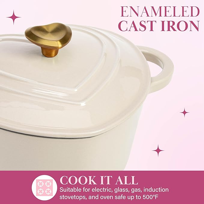Paris Hilton Enameled Cast Iron Dutch Oven Heart-Shaped Pot with Lid, Dual Handles, Works on All Stovetops, Oven Safe to 500°F, 4-Quart, Cream - Image 3