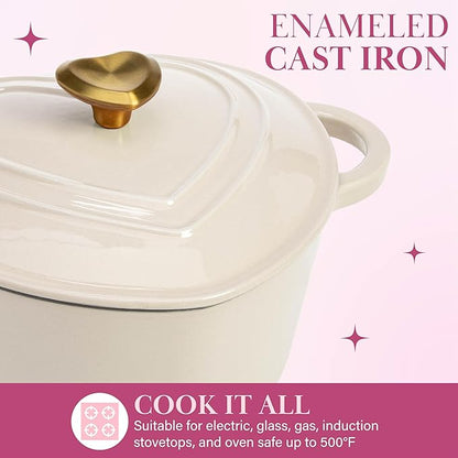 Paris Hilton Enameled Cast Iron Dutch Oven Heart-Shaped Pot with Lid, Dual Handles, Works on All Stovetops, Oven Safe to 500°F, 4-Quart, Cream - Image 3