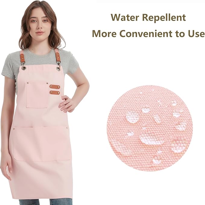 AFUN Chef Aprons for Women Men with Oversized Pockets, 12-Ounce Cotton Canvas Cross Back Water Repellent Apron (Light Pink) - Image 3