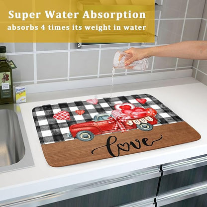 Valentine's Day Red Heart Truck Dish Drying Mat for Kitchen Counter,Black White Buffalo Plaid Love Drying Mat 18 x 24 Inch with Absorbent Reversible Microfiber Dish Drying Pad for Coffee Bar - Image 7