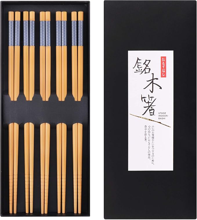 GLAMFIELDS Reusable Chopsticks Japanese Natural Bamboo Classic Style 5 Pairs Lightweight Safe Chop Sticks 8.8 Inch/22.5cm Gift Set by GLAMFIELDS