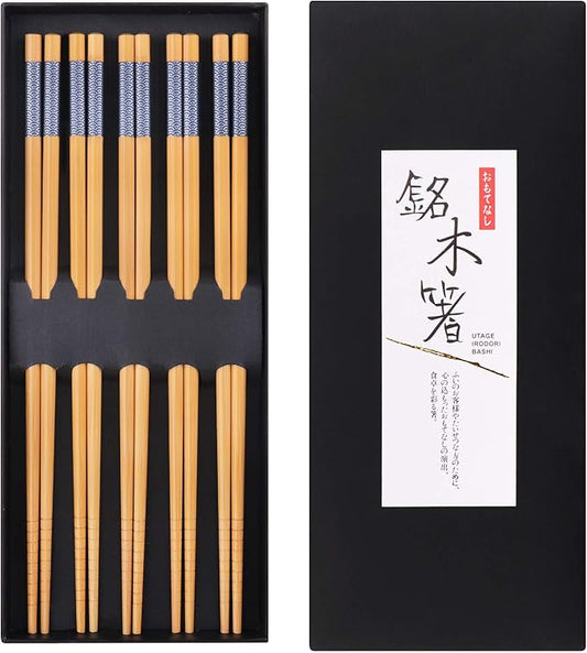 GLAMFIELDS Reusable Chopsticks Japanese Natural Bamboo Classic Style 5 Pairs Lightweight Safe Chop Sticks 8.8 Inch/22.5cm Gift Set by GLAMFIELDS