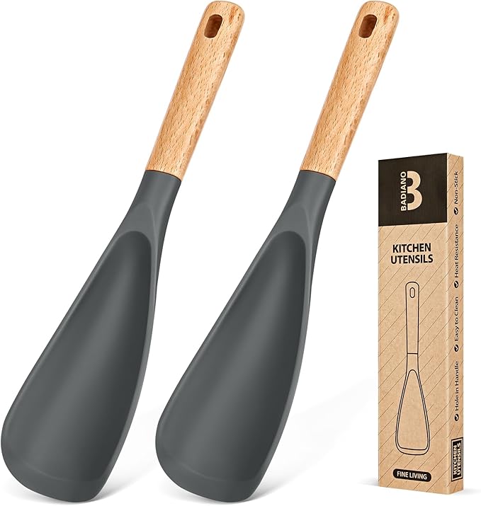 Cooking Spoon for Nonstick Cookwares, Great for Cooking and Serving Sturdy BPA-Free Matte Silicone, Wood Handle Spoon for Mixing, Scoop, and Scrape (2 Pack of Grey, 11.4 inch) by BADIANO