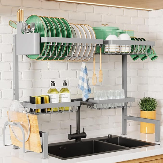 Kitsure Over The Sink Dish Drying Rack - 30.0" to 33.9"x21.5", Adjustable Sink Drying Rack for Kitchen Sink with Multifunctional Baskets, Grey by Kitsure