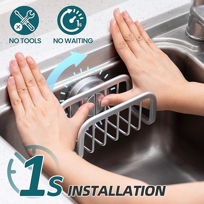 TAILI Sink Caddy with Strong Suction Cup, Sponge Holder for Kitchen Sink Oganizer, Removable Rustproof Aluminum Sponge Holder, Dish Brush for Scraper - Silver - Image 2