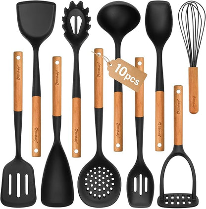 Large Silicone Cooking Utensils Set, 10Pcs Nonstick Kitchen Utensil Set with Wooden Handle, Heat Resistant Silicone Utensils for Cooking, BPA Free Spatula Set with Turners Spoon Ladle Skimmer(Black) by Blithely