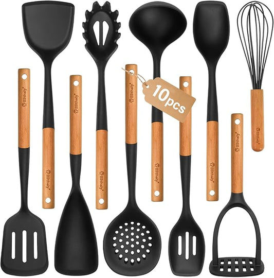 Large Silicone Cooking Utensils Set, 10Pcs Nonstick Kitchen Utensil Set with Wooden Handle, Heat Resistant Silicone Utensils for Cooking, BPA Free Spatula Set with Turners Spoon Ladle Skimmer(Black) by Blithely