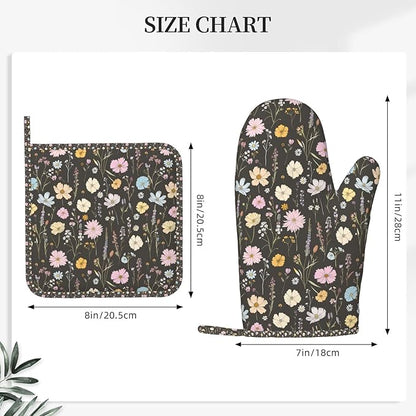 Oven Mitts and Pot Holders Set, Vintage Flower Botanical Leaf Silicone Kitchen Accessories 4 Piece Heat Resistant Long Gloves Potholder Non-Slip Grip for Chef Cooking Baking Grilling BBQ