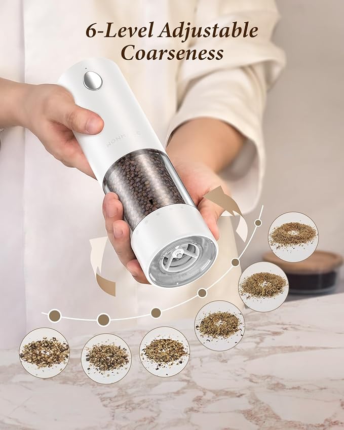 Electric Salt and Pepper Grinder Set - Automatic Refillable Salt and Pepper Grinders with Charging Base & LED Light, 6-Level Adjustable Coarseness with External Dial, Ideal Kitchen Gadget，Black& White - Image 5