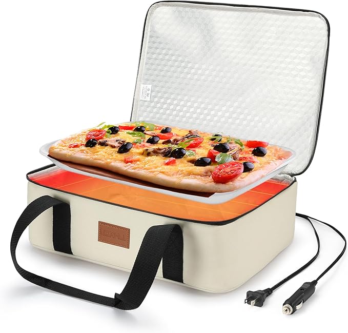 Food Warmer Electric Casserole Carrier - Large Heated Lunch Bag for Car Truck, 12V/24V/110V, Thermos for hot food for Potluck Cookouts Parties Picnic,Lasagna Lugger,Fits 9"x13" Baking Pan (Beige)