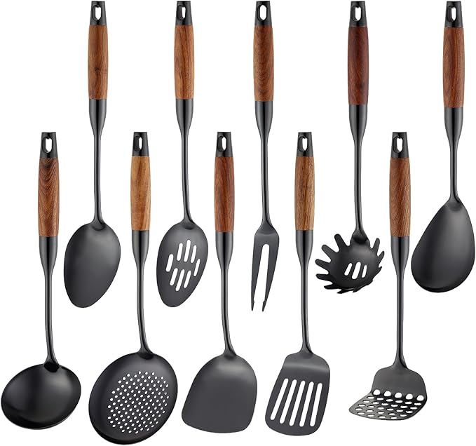 Izurok18/10 Stainless Steel Kitchen Utensils Set,10 Piece Cooking Utensils With Wood Handle,Heat Resistant Kitchen Tool Set With Spatula,Spoon,Ladle,Skimmer,Slotted Turners,Pasta,Turner,Ladl,Fork by IzurokBuynow