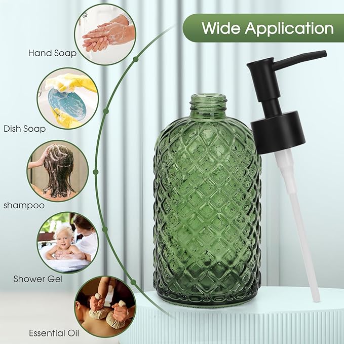 Topsky Gem Glass Soap Dispenser with Black Plastic Pump, 13oz Liquid Hand Soap Dispenser, Rustproof Pump for Kitchen & Bathroom, Great for Lotions, Essential Oil, Liquid Soaps-Army Green - Image 7