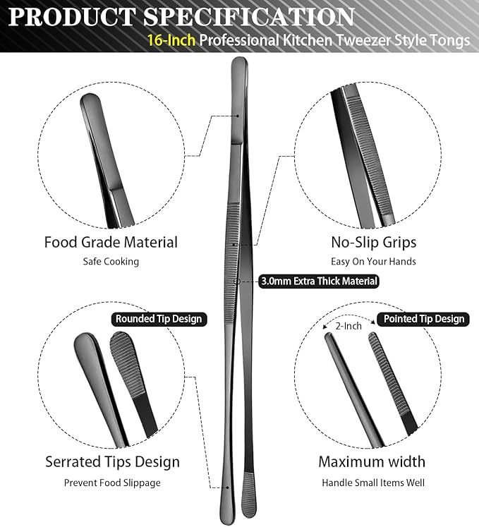 JETKONG 2 Pcs 16-Inch Kitchen Tweezers Tongs with Precision Serrated Tips, Stainless Steel Chef Tweezer Professional Cooking Tweezers for BBQ, Plating and Serving (16-Inch, Black) - Image 2