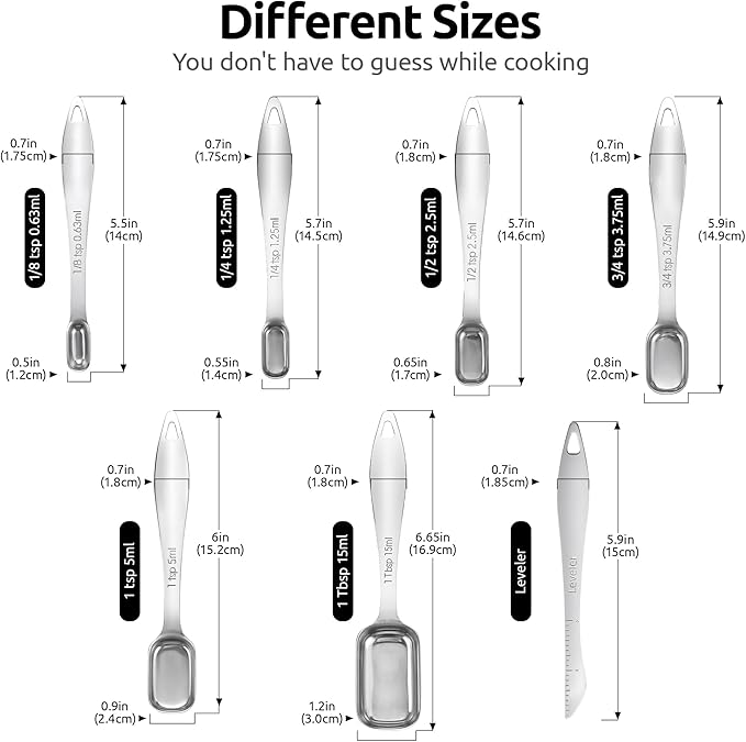 U-Taste Narrow Square Measuring Spoons: 18/8 Stainless Steel Kitchen Measure Teaspoon Tablespoon with Leveler, Polygon Rectangular Metal Jar Scoop for Baking Cooking, Coffee, Spice, Powder (Set of 7) - Image 2